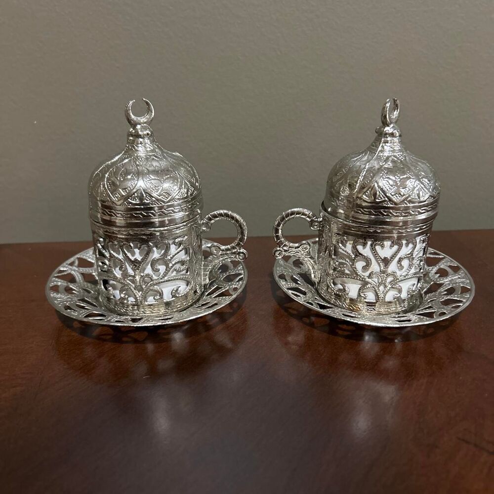 Ottoman Turkish espresso coffee cups silver-plated metal holders matching lids